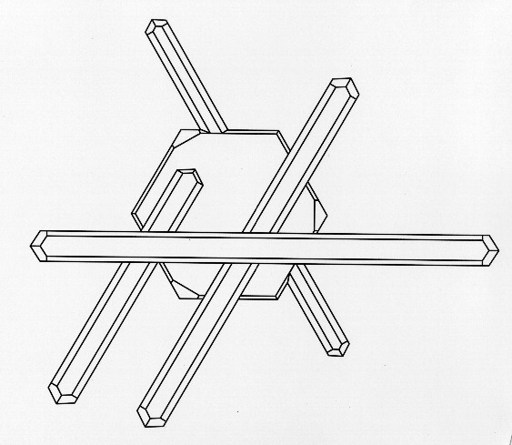 crystal drawing, epitaxy: Rutile upon Hematite