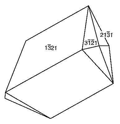 crystal drawing: calcite, scalenohedron, contact twin on {01-12}, some faces suppressed and elongated